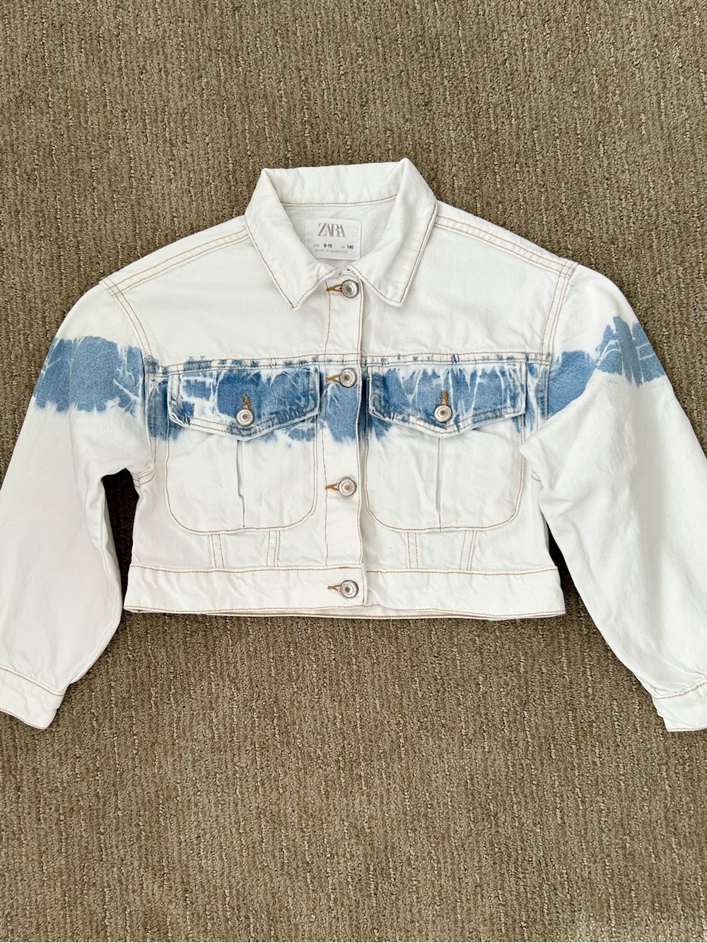 Zara White Distressed BlueTieDye Crop Denim Jean Jacket Buttons Pockets Sz 9/10